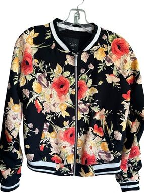 Sanctuary Floral Bomber Jacket full zip- Black with Red cream & Yellow Blooms XS